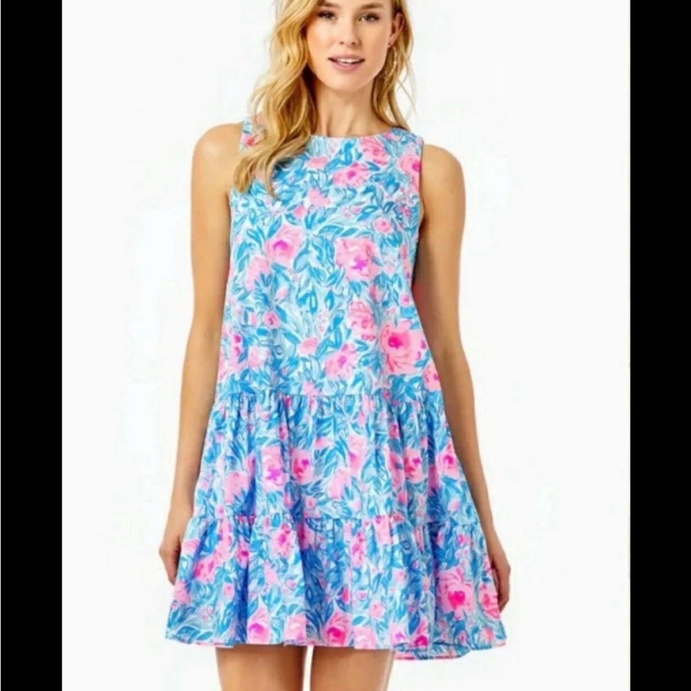 Lilly Pulitzer Trina Floral Pink and Blue Mini High Neck Dress, Small